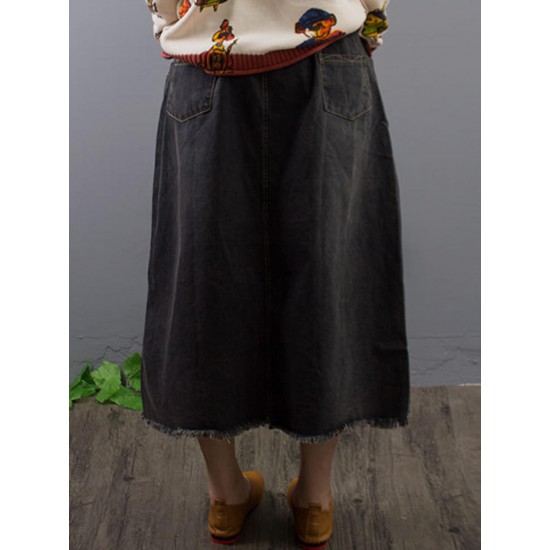 Casual Cartoon Print Elastic Waist Denim Skirts with Pockets