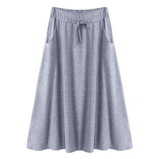 Casual Lady Ruffles Elastic High Waist Pure Color Pocket  Skirt