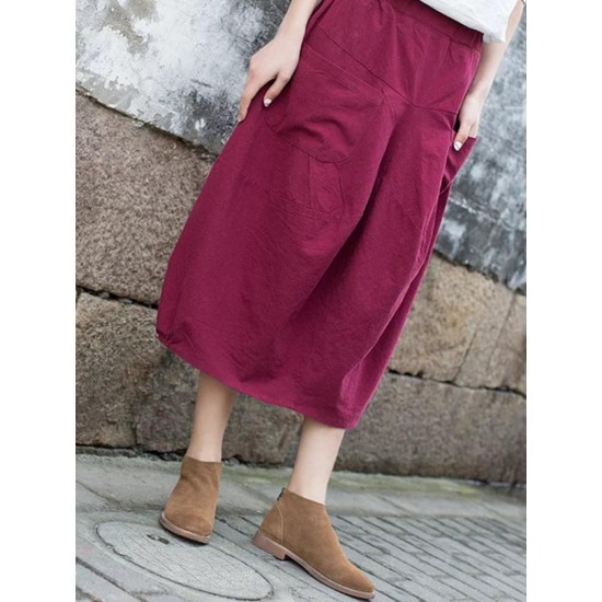 Casual Women Pure Color Cotton Skirts with Pockets