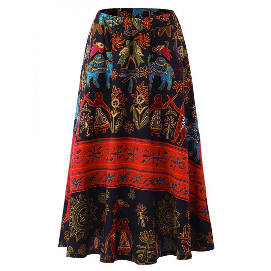 O-NEWE M-5XL Casual Women Ethnic Style Print Skirt