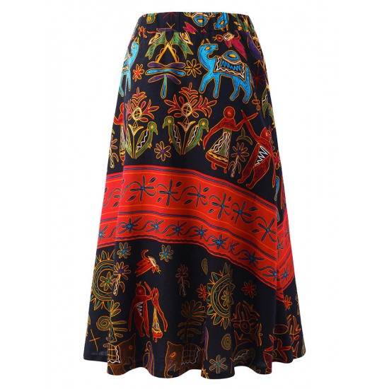 O-NEWE M-5XL Casual Women Ethnic Style Print Skirt