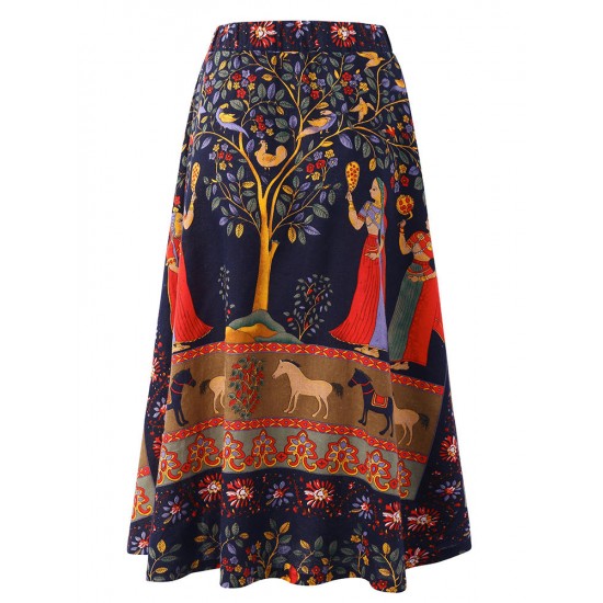 O-NEWE M-5XL Casual Women Ethnic Style Print Skirt