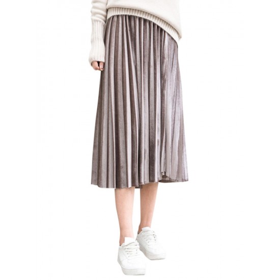 S-5XL Casual Women Basic Gold Velvet Pleated Skirts