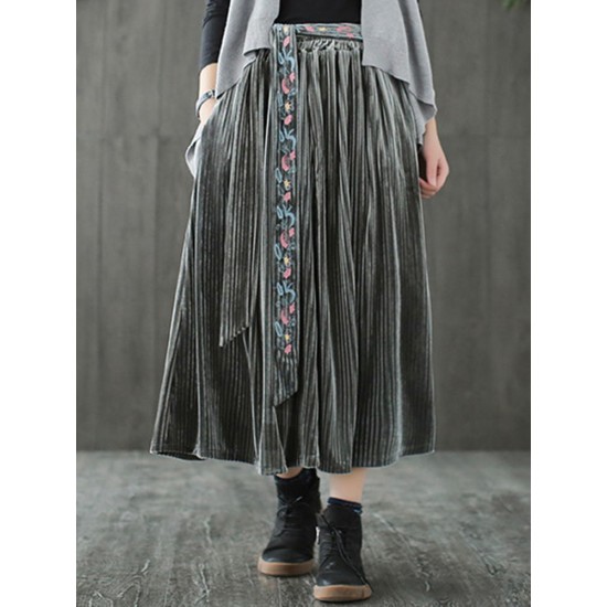 Vintage Women Pleated Pleuche Embroidery Elastic Waist Skirts