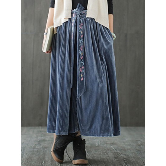 Vintage Women Pleated Pleuche Embroidery Elastic Waist Skirts