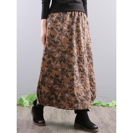 Women Elegant Floral Print A-line Long Skirts