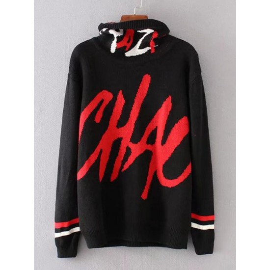Casual Women Black High Collor Printed Sweaters