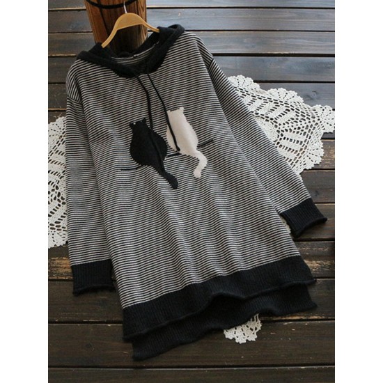 Casual Women Cat Stripe Hooded Sweaters