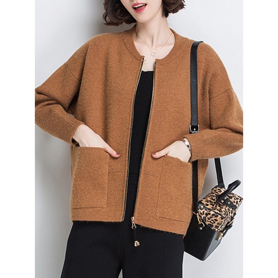 Casual Women Long Sleeve Zipper Knit Cardigans