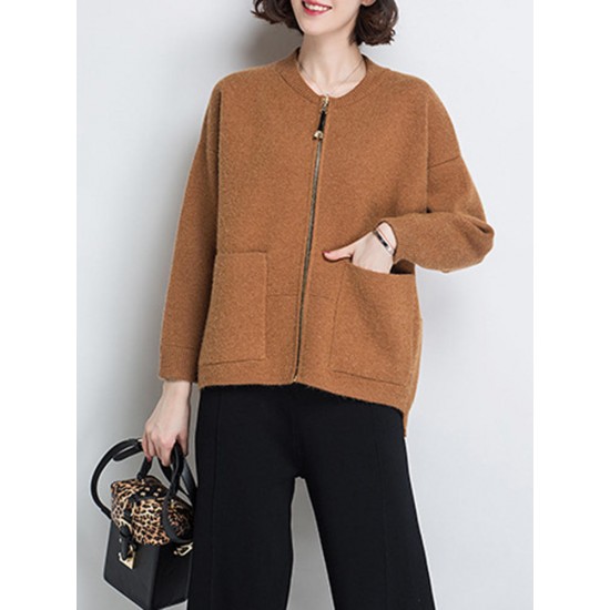 Casual Women Long Sleeve Zipper Knit Cardigans