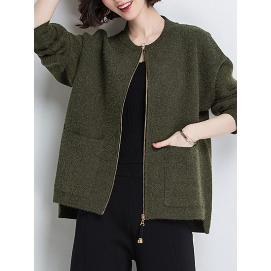 Casual Women Long Sleeve Zipper Knit Cardigans