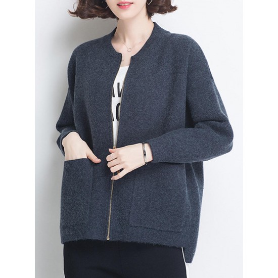 Casual Women Long Sleeve Zipper Knit Cardigans