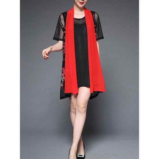 Elegant Women Embroidery Short Sleeve Cardigan and Dress