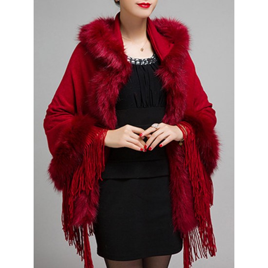 Elegant Women Faux Fur Tassel Hooded Cloak Coat