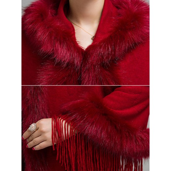 Elegant Women Faux Fur Tassel Hooded Cloak Coat