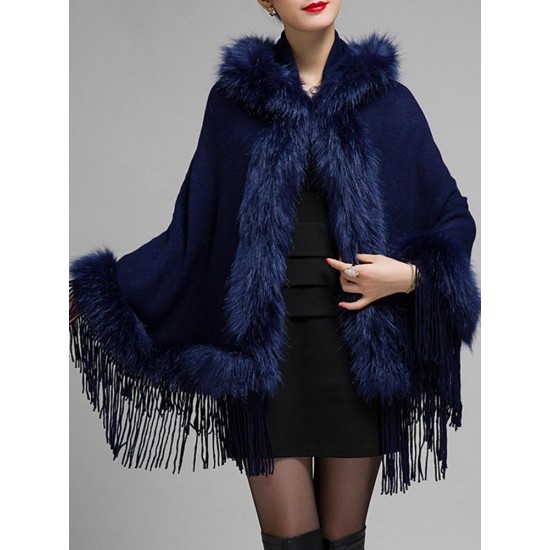 Elegant Women Faux Fur Tassel Hooded Cloak Coat