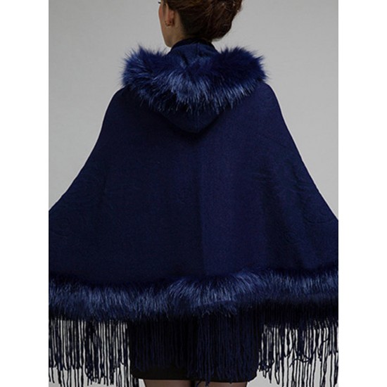 Elegant Women Faux Fur Tassel Hooded Cloak Coat