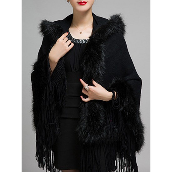 Elegant Women Faux Fur Tassel Hooded Cloak Coat