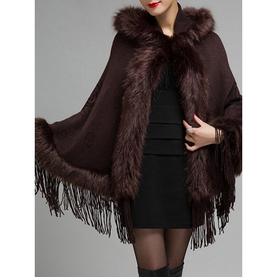 Elegant Women Faux Fur Tassel Hooded Cloak Coat