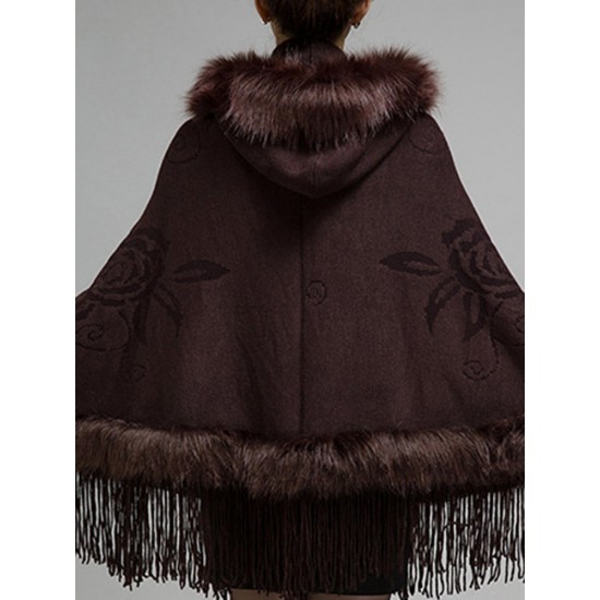 Elegant Women Faux Fur Tassel Hooded Cloak Coat