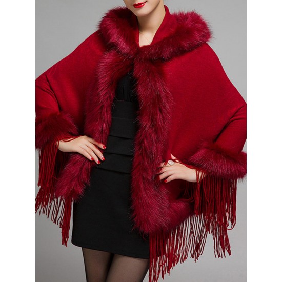 Elegant Women Faux Fur Tassel Hooded Cloak Coat