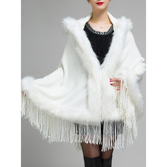 Elegant Women Faux Fur Tassel Hooded Cloak Coat