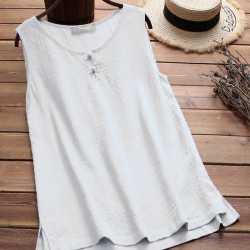 Plus Size Women Vintage Sleeveless Cotton Tops Blouse