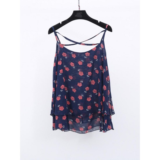 Sexy Women Floral Back Cross Strap Tank Top