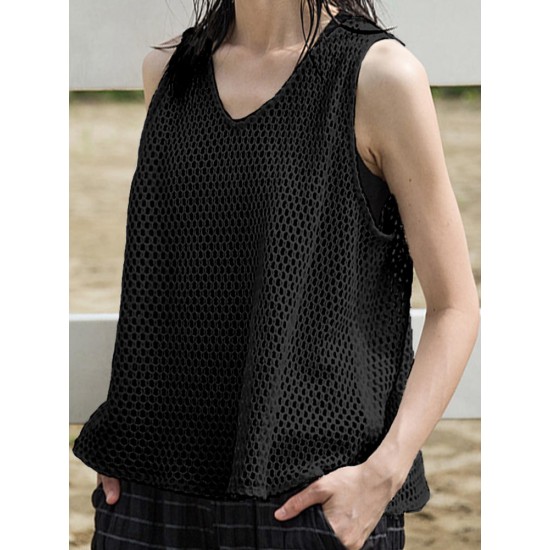 Women Brief Solid Color Sleeveless Mesh Tank Tops