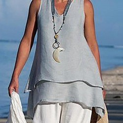 Women Retro V-neck Sleeveless Layers Solid Color Tank Tops