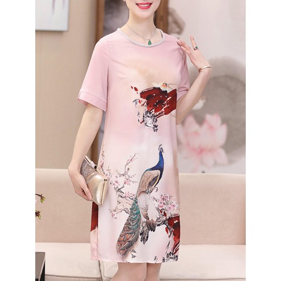 Elegant Women O-neck Artwork Print Dress