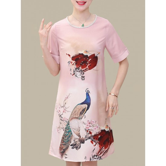 Elegant Women O-neck Artwork Print Dress