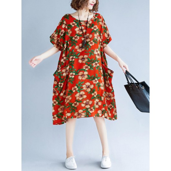 Loose Vintage Floral Printed A-line Pockets Dress