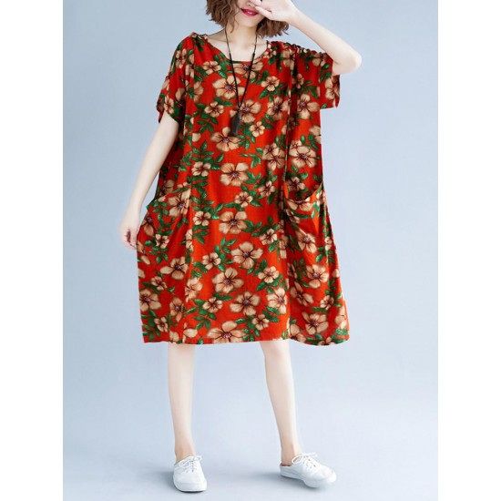 Loose Vintage Floral Printed A-line Pockets Dress