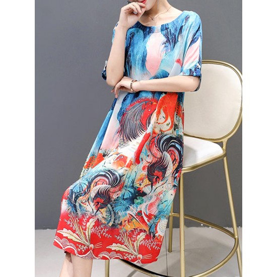 Plus Size Silk A-Line Short Sleeve Chinese Style  Dress