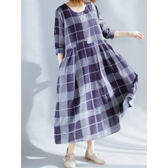 Plus Size Vintage Plaid Patchwork O-Neck Long Sleeve Casual Dress