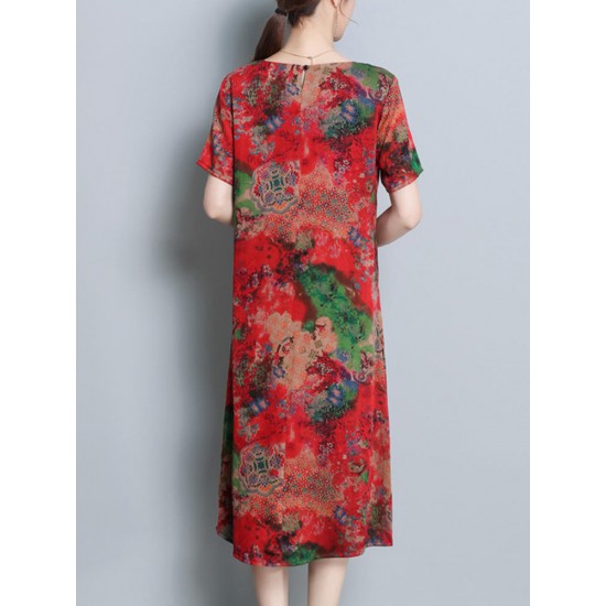 Vintage Floral Print Side Slit Pocket Dress