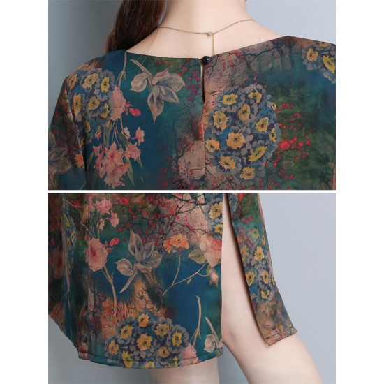 Vintage Floral Print Side Slit Pocket Dress