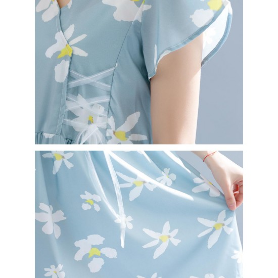 Vintage Floral Print V-neck Flared Sleeves Pleated Dress M-5XL