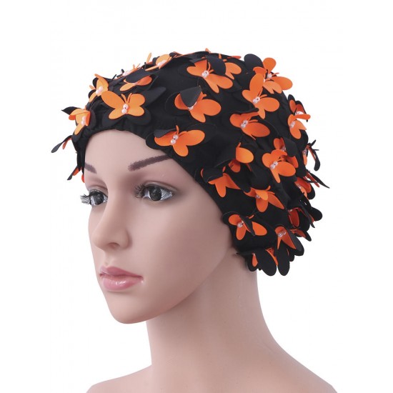 Cute Double Butterfly Pearl Manual Patchwork Stretchy Waterproof Swimming Cap