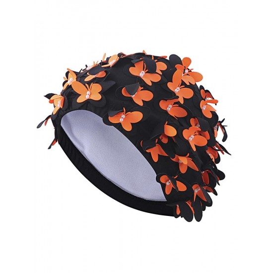 Cute Double Butterfly Pearl Manual Patchwork Stretchy Waterproof Swimming Cap