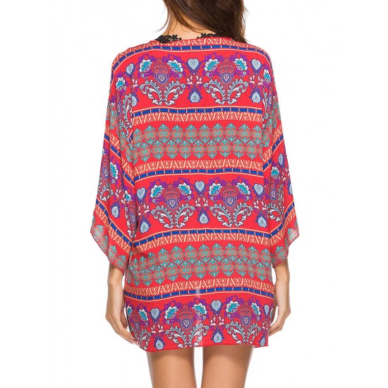 Plus Size 3/4  Sleeves Printing Beach Cover-Ups