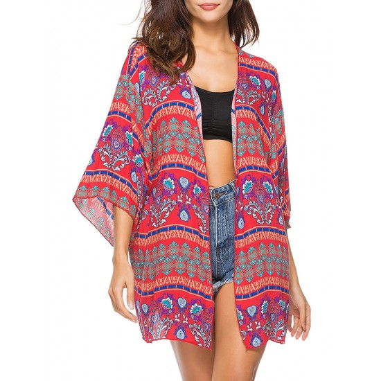 Plus Size 3/4  Sleeves Printing Beach Cover-Ups