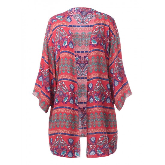 Plus Size 3/4  Sleeves Printing Beach Cover-Ups