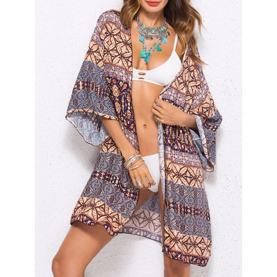 Plus Size Printed Three Quarter Sleeve Sun Protection Blouse Beach Cover-Ups