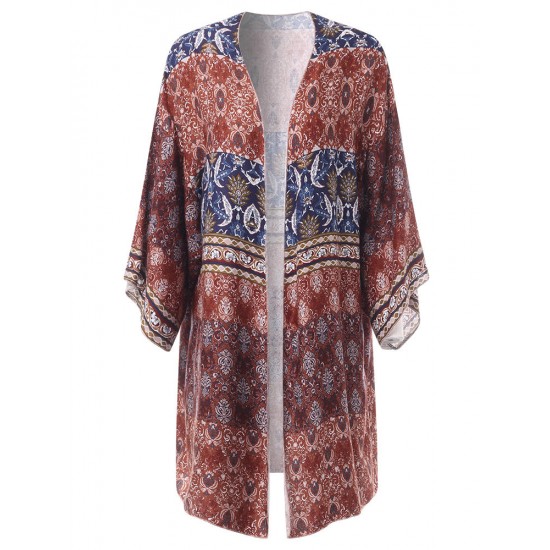 Plus Size Printed Three Quarter Sleeve Sun Protection Blouse Beach Cover-Ups