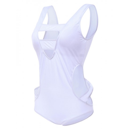 2XL-5XL Plus Size White Sexy Chest Hollow Out Swimsuit Widen Line Pure Color One-piece