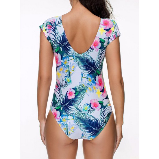Conservative Double V Flower Printed One Piece Swimwear Beach Bathing Suit Conservative Double V Flower Printed One Piece Swimwear Beach Bathing Suit