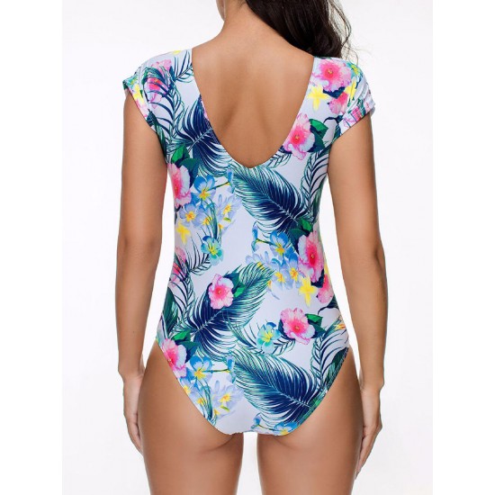 Conservative Double V Flower Printed One Piece Swimwear Beach Bathing Suit