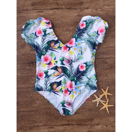 Conservative Double V Flower Printed One Piece Swimwear Beach Bathing Suit